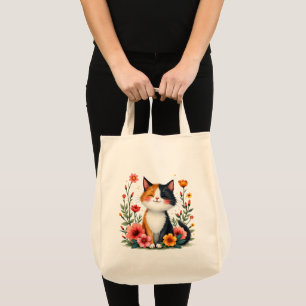 Süße dreifarbige Katze mit floralem Cottagecore-Äs Tragetasche