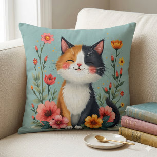 Süße Dreifarbige Katze mit floraler Cottagecore-Äs Kissen
