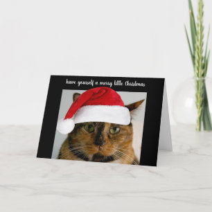 Süße dreifarbige Katze mit Santa-Mütze, personalis Feiertagskarte