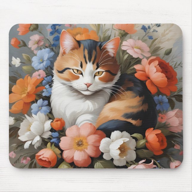 Süße dreifarbige Katze und Blumen Mousepad (Vorne)