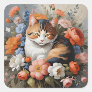 Süße dreifarbige Katze und Blumen Quadratischer Aufkleber