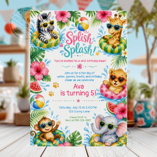 Süße Dschungeltiere Planschen Spritz Wasserparty G Einladung