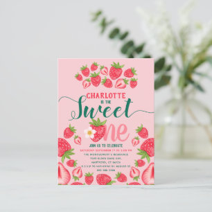 Süße Ein-Pink-Erdbeere 1. Geburtstagseinladung Postkarte