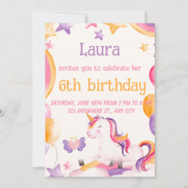 Süße Einhorn-Einladung zum 6. Geburtstag für Mädch Einladung