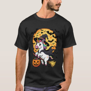 Süße Einhorn-Hexe auf Besen Halloween-Kürbis  T-Shirt
