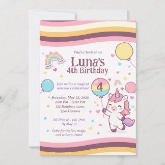 Süße Einhorn Regenbogen Mädchen 4. Geburtstagsfeie Einladung