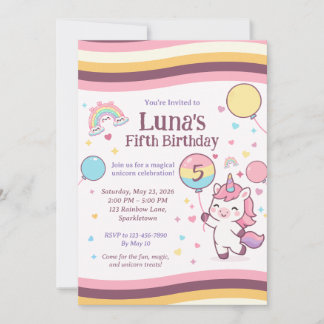 Süße Einhorn Regenbogen Mädchen Fünfte Geburtstags Einladung