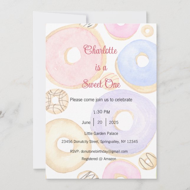 Süße Einladung, eine Donut-Party Einladung (Vorderseite)