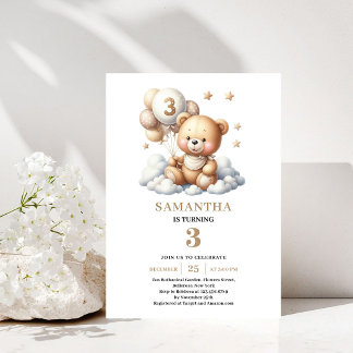 Süße Einladung zum 3. Geburtstag Teddybär Goldene