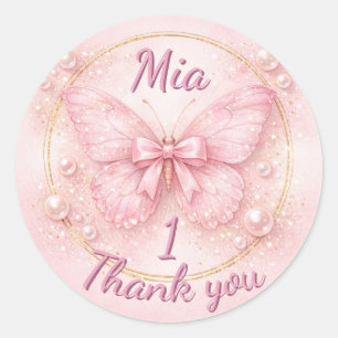 Süße Eins Rosa Schmetterling 1. Geburtstag Danke Runder Aufkleber