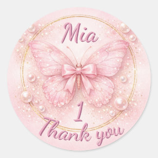 Süße Eins Rosa Schmetterling 1. Geburtstag Danke Runder Aufkleber