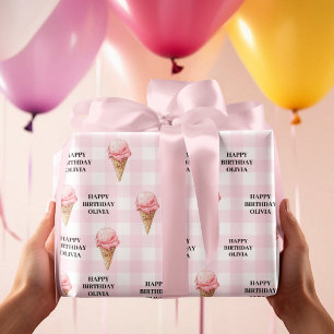 Süße Eiscreme-Geburtstags-Rosa Gingham Benutzerdef Geschenkpapier