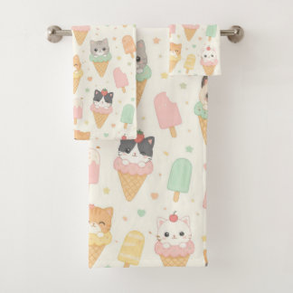 Süße Eiscreme-Kegel-Kätzchen und Eis-Popsicles-Mus Badhandtuch Set