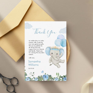 Süße Elefant Blau Ballon Florale Babyparty Dankeskarte