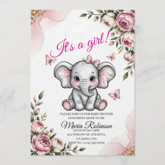 Süße Elefant & Florale Babyparty-Einladung Einladung