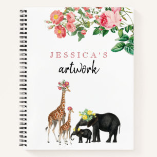 Süße Elefant-Giraffe-Baby-Mädchen-Kunstwerk-Skizze Notizbuch