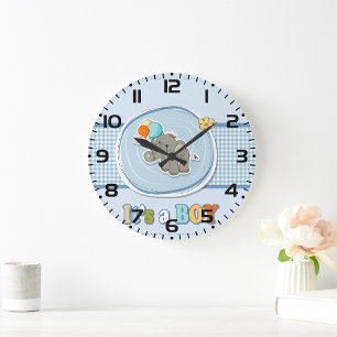 Süße Elefanten-Baby-Junge-Ankündigung Große Wanduhr