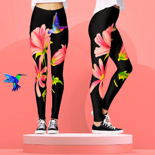 Süße elegante Mädchen schwarze rosa florale Kolibr Leggings