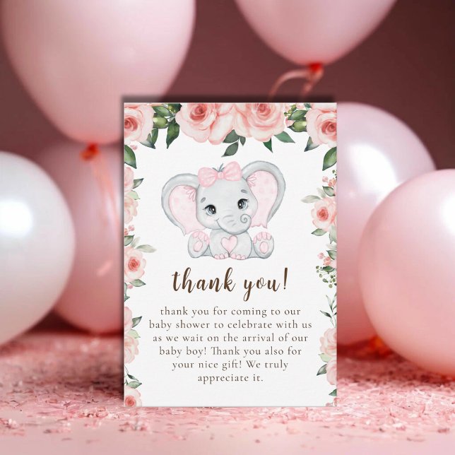 Süsse Elephant Blush Pink Bläserchen Girl Babydusc Dankeskarte (Cutie Elephant Blush Pink Floral Girl Baby Shower Thank You Card)