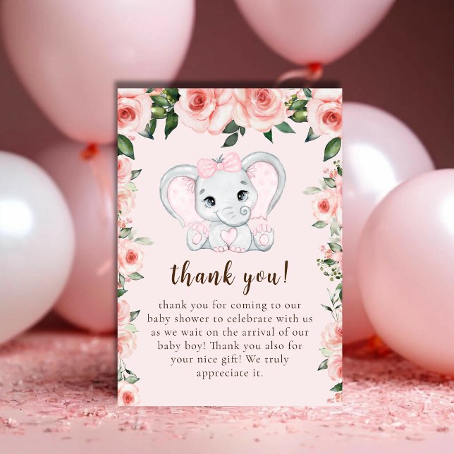 Süsse Elephant Blush Pink Bläserchen Girl Babydusc Dankeskarte (Cutie Elephant Blush Pink Floral Girl Baby Shower Thank You Card)
