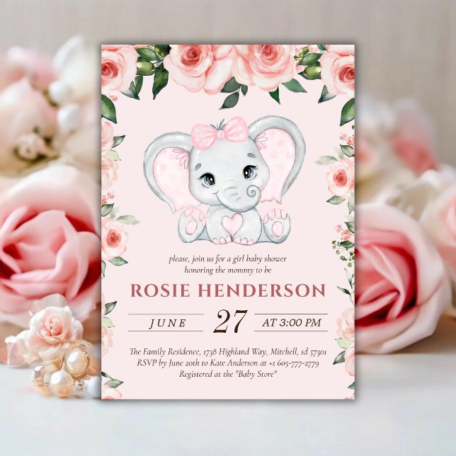 Süsse Elephant Blush Pink Bläserchen Girl Babydusc Einladung (Cutie Elephant Blush Pink Floral Girl Baby Shower Invitation)