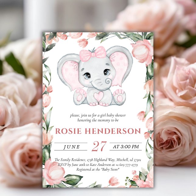 Süsse Elephant Blush Pink Bläserchen Girl Babydusc Einladung (Cutie Elephant Blush Pink Floral Girl Baby Shower Invitation!)