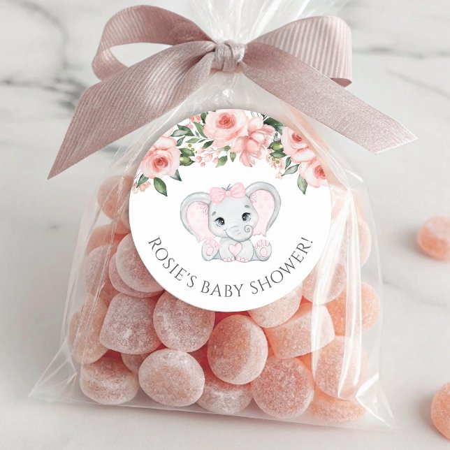 Süsse Elephant Blush Pink Bläserchen Girl Babydusc Runder Aufkleber (Cutie Elephant Blush Pink Floral Girl Baby Shower Classic Round Sticker)