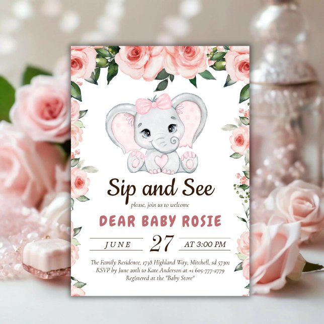 Süsse Elephant Blush Pink Blumensippe sehen Einladung (Cutie Elephant Blush Pink Floral Sip and See Invitation)