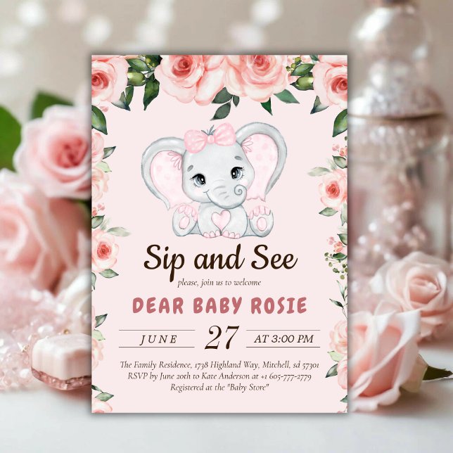 Süsse Elephant Blush Pink Blumensippe sehen Einladung (Cutie Elephant Blush Pink Floral Sip and See Invitation)