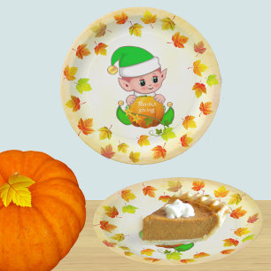 Süße Elfe und Herbstlaub Thanksgiving-Papierteller Pappteller