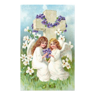Süße Engel mit Kreuz und Blumen Fotodruck