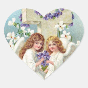 Süße Engel mit Kreuz und Blumen. Herz-Aufkleber