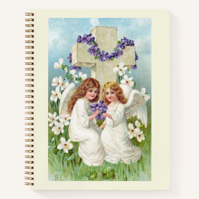 Süße Engel mit Kreuz und Blumen  Notizbuch (Vorderseite)