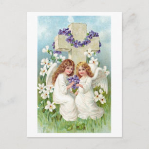 Süße Engel mit Kreuz und Blumen. Postkarte
