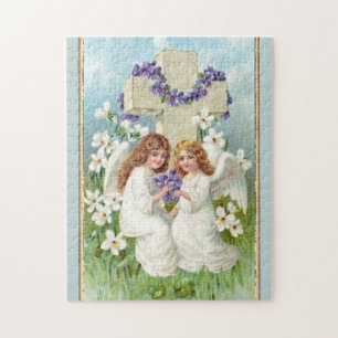 Süße Engel mit Kreuz und Blumen Puzzle