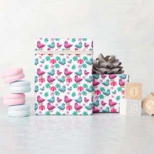 Süße Ente Floralmuster Kawaii Rosa Blaue Enten Geschenkpapier