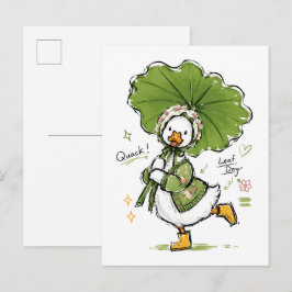 Süße Ente mit Blattregenschirm und floraler Haube Postkarte