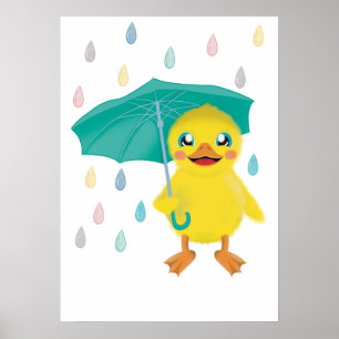 Süße Ente mit Regenschirm im Regenbogenregen  Poster