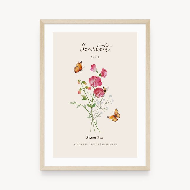 Süße-Erbsen-Geburtsmonats-Blumenposter Poster (Example of sweet pea birth flower poster once framed. )