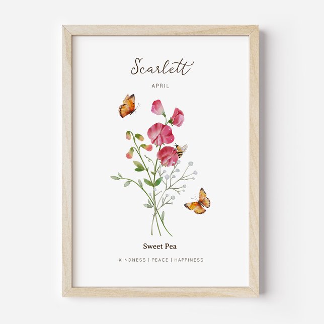 Süße-Erbsen-Geburtsmonats-Blumenposter Poster (Example of sweet pea birth flower poster once framed. )