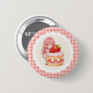 Süße Erdbeer-Gingham-Wasserfarben-Girl 1. Geburtst Button