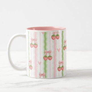 Süße Erdbeer-Schleife Rosa Grüne Wellenstreifen-Ta Zweifarbige Tasse