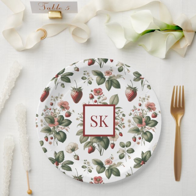 Süße Erdbeere & Florales Muster Custom Monogramm Pappteller (Hochzeit)