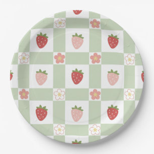 Süße Erdbeere Gingham Pastellgrün 1. Geburtstag Pappteller