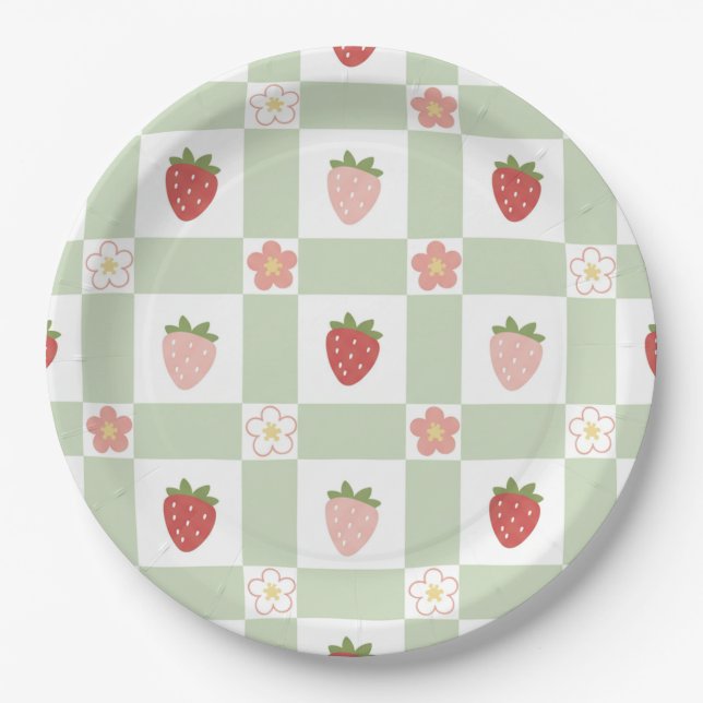Süße Erdbeere Gingham Pastellgrün 1. Geburtstag Pappteller (Vorderseite)