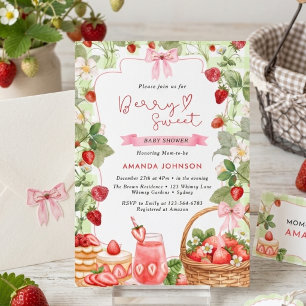 Süße Erdbeeren Baby Shower mit rosa Schleife Einladung