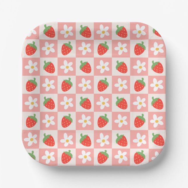 Süße Erdbeeren & Blumen Papier Teller (Vorderseite)