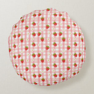 Süße Erdbeeren und Blumen auf rosa Gingham Rundes Kissen