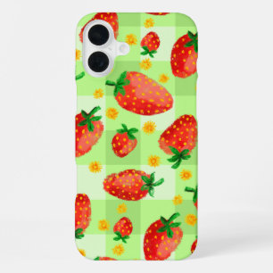 Süße Erdbeeren und Gänseblümchen Wasserfarben-Karo iPhone 16 Plus Hülle