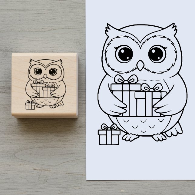 Süße Eule mit Geschenken Holzstempel Gummistempel (Cute owl with gifts wooden art stamp for cardmaking, and various art and crafts projects.)
